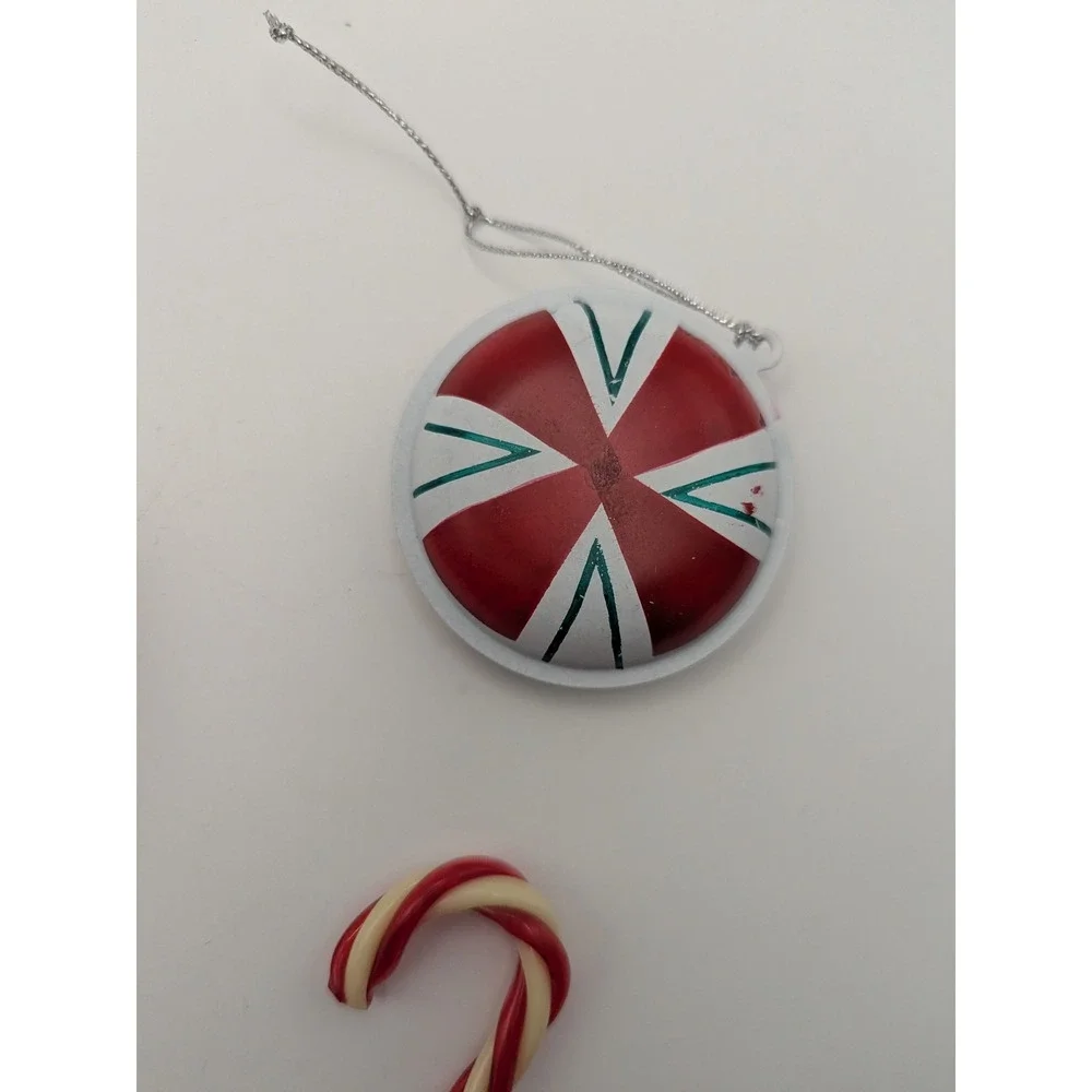 3 Vtg Christmas Ornaments Red White Green Heart Round Metal w/ Bells Candy‎ Cane